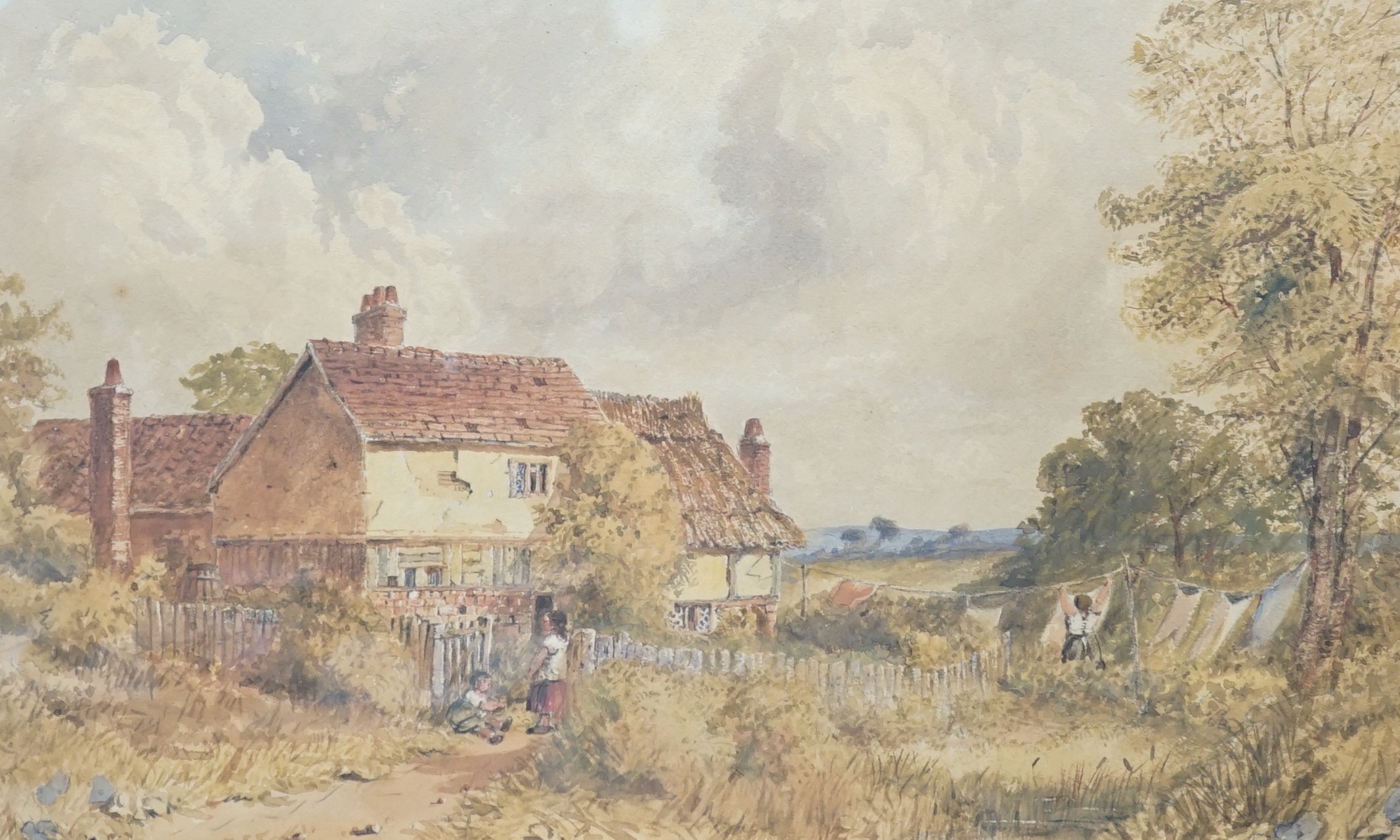 Charles Davidson (1824-1902), watercolour, Extensive Landscape with Windmill and Tower, label verso, 28 x 36cm, together with a Philip A Bosworth, watercolour, A farm shack amongst woodlands, signed, and one other waterc